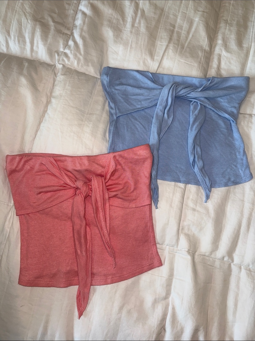 Forever 21 Ribbed Tie-Front Crop Tops in Pink and Light Blue